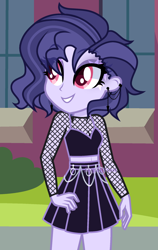 Size: 1260x1998 | Tagged: safe, artist:skyfallfrost, imported from derpibooru, oc, oc:purple moonlight, equestria girls, clothes, dress, female, fishnet clothing, solo