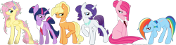 Size: 1600x412 | Tagged: safe, artist:monsterbunnies, imported from derpibooru, applejack, fluttershy, pinkie pie, rainbow dash, rarity, twilight sparkle, earth pony, pegasus, pony, unicorn, alternate universe, dirty, ear piercing, earring, female, floppy ears, flower, flower in hair, folded wings, glasses, group, grumpy, hair bun, hoof on chest, horn, jewelry, leaves, leaves in hair, mane six, mare, missing cutie mark, necklace, pearl necklace, physique difference, piercing, pinkamena diane pie, ponytail, raised hoof, scar, sextet, simple background, sitting, slender, standing, tail, tail bun, thin, transparent background, unicorn twilight, updo, vine, wingless, wings
