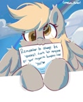 Size: 787x971 | Tagged: safe, artist:comfort_ponies, imported from derpibooru, derpy hooves, pegasus, pony, cloud, cute, female, looking at you, mare, positive ponies, rainbow, simple background, sky, solo, spread wings, text, wings