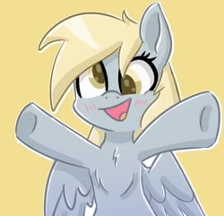 Size: 568x547 | Tagged: safe, artist:comfort_ponies, imported from derpibooru, derpy hooves, pegasus, pony, cute, female, looking at you, mare, positive ponies, simple background, smiling, solo, spread hooves, spread wings, wings, yellow background
