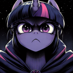 Size: 1024x1024 | Tagged: safe, imported from derpibooru, twilight sparkle, pony, unicorn, ai content, ai generated, cloak, clothes, frown, generator:bing image creator, generator:dall-e 3, horn, manga style, outdoors, prompter:enterusxrname, solo, stars, stern, unicorn twilight