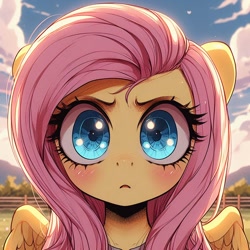 Size: 1024x1024 | Tagged: safe, imported from derpibooru, fluttershy, pegasus, pony, ai content, ai generated, blushing, clothes, cute, frown, generator:bing image creator, generator:dall-e 3, looking at you, manga style, outdoors, prompter:enterusxrname, shyabetes, solo, spread wings, stern, wings