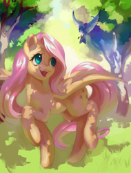 Size: 1785x2345 | Tagged: safe, artist:sakuraloid, imported from derpibooru, fluttershy, bird, pegasus, pony, cute, female, grass, high res, looking at something, looking up, mare, nature, open mouth, open smile, outdoors, raised hoof, raised leg, shyabetes, smiling, solo, spread wings, standing on two hooves, tail, tree, wings