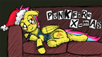Size: 960x540 | Tagged: safe, artist:aprilfools, oc, oc:punkfire, pegasus, pony, bootleg, bootleg pony, christmas, clothes, couch, denim vest, folded wings, hat, holiday, laying on couch, lidded eyes, santa hat, solo, spiked wristband, text, vest, wings, wristband