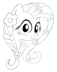 Size: 1223x1536 | Tagged: safe, artist:aprilfools, fluttershy, pegasus, pony, alternate hairstyle, braid, bust, female, flower, flower in hair, looking at you, mare, monochrome, portrait, simple background, sketch, solo