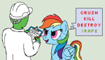 Size: 704x402 | Tagged: safe, artist:aprilfools, rainbow dash, oc, oc:anon, human, pegasus, pony, robot, robot pony, clipboard, dialogue, female, folded wings, mare, pencil, pixel art, safety helmet, simple background, speech bubble, text, wings