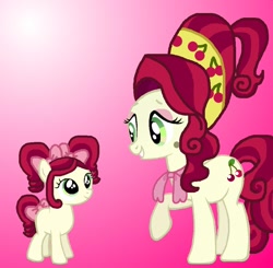Size: 900x881 | Tagged: safe, artist:katiegirlsforever, imported from derpibooru, cherry jubilee, oc, oc only, oc:chi-chi, earth pony, pony, aunt, aunt and niece, blank flank, bow, cute, duo, eyeshadow, female, filly, foal, gradient background, jubibetes, makeup, mare, niece, pink background, raised hoof, raised leg, simple background