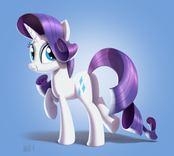 Size: 2048x1824 | Tagged: safe, artist:brdte, imported from derpibooru, rarity, pony, unicorn, butt, commission, female, gradient background, grin, horn, looking at you, looking back, looking back at you, mare, plot, raised hoof, raised leg, rearity, signature, smiling, smiling at you, solo, standing on two hooves, tail