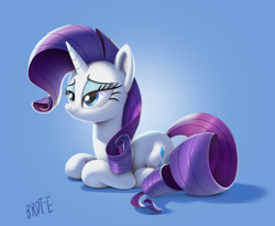 Size: 2048x1682 | Tagged: safe, artist:brdte, imported from derpibooru, rarity, pony, unicorn, commission, eyebrows, eyeshadow, female, frown, furrowed brow, gradient background, horn, lying down, makeup, mare, nose wrinkle, ponyloaf, prone, signature, solo, tail