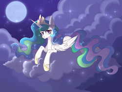 Size: 2160x1620 | Tagged: safe, artist:cursed soul, imported from derpibooru, princess celestia, alicorn, complex background, full body, moon, night, night sky, sky, solo, stars