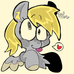 Size: 1280x1280 | Tagged: safe, artist:apoponi_happy, imported from derpibooru, derpy hooves, pegasus, pony, :p, beige background, bust, chest fluff, colored ear fluff, colored wings, ear fluff, eyebrows, eyebrows visible through hair, female, heart, mare, signature, simple background, solo, tongue out, two toned wings, wings