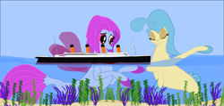 Size: 9663x4611 | Tagged: safe, artist:oceanrailroader, imported from derpibooru, princess skystar, salina blue, merpony, seapony (g4), my little pony: the movie, coral, dorsal fin, female, fin, fin wings, fins, fish tail, flower, flower in hair, flowing mane, flowing tail, looking at each other, looking at someone, macro, ocean, scales, seaweed, ship, swimming, tail, titanic, underwater, water, wings