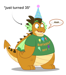 Size: 6017x6783 | Tagged: safe, artist:aleximusprime, imported from derpibooru, oc, oc only, oc:alex the chubby pony, dragon, belly, birthday, chonk, chubby, clothes, dragon oc, dragonsona, fat, hat, non-pony oc, obese, party hat, plump, scaled underbelly, shirt, t-shirt, thinking