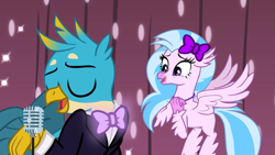 Size: 1191x671 | Tagged: safe, artist:disneymarvel96, imported from derpibooru, gallus, silverstream, griffon, hippogriff, bow, bowtie, clothes, cute, duo, female, gallabetes, gallstream, glowing, hair bow, light up, male, microphone, shipping, singing, straight, suit