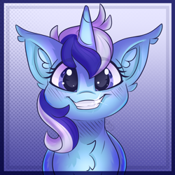 Size: 1500x1500 | Tagged: safe, artist:starcasteclipse, imported from derpibooru, minuette, pony, unicorn, bust, chest fluff, cute, ear fluff, eye clipping through hair, female, grin, happy, horn, looking at you, mare, minubetes, portrait, shiny teeth, smiling, smiling at you, solo