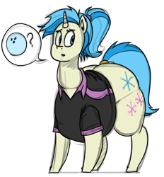 Size: 744x803 | Tagged: safe, artist:polofastter, artist:secretgoombaman12345, imported from derpibooru, allie way, pony, unicorn, belly, bowling ball, butt, clothes, cutie mark, fat, full, funny, horn, huge butt, large butt, long neck, obese, simple background, solo, the ass was fat, tight clothing, transparent background