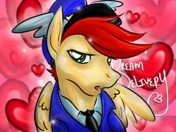 Size: 968x726 | Tagged: dead source, safe, artist:cnat, artist:step-and-fetch-it, imported from derpibooru, care package, special delivery, pegasus, pony, bedroom eyes, close-up, clothes, floating heart, hat, heart, looking at you, mailpony, male, seductive, sexy, solo, stallion, stupid sexy care package, uniform