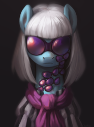 Size: 2196x2970 | Tagged: safe, alternate version, artist:jewellier, imported from derpibooru, photo finish, earth pony, pony, bust, clothes, female, glasses do not belong there, joke, mare, portrait, simple background, solo, sunglasses