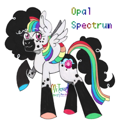 Size: 1410x1447 | Tagged: safe, artist:mitexcel, imported from derpibooru, oc, oc only, oc:opal spectrum, pegasus, curly mane, digital art, mixed media, multicolored hair, pink eyes, rainbow hair, rainbow tail, smiling, solo, straight mane, tail, traditional art