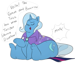Size: 913x769 | Tagged: safe, artist:polofastter, artist:secretgoombaman12345, imported from derpibooru, trixie, twilight sparkle, pony, unicorn, ask chubby diamond, butt, chubby cheeks, clothes, dialogue, eyes closed, faceful of ass, facesitting, fat, female, flank, flattened, hat, horn, huge butt, impossibly large butt, large butt, mare, obese, plot, the great and bountiful trixie, trixdom