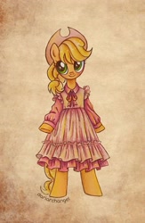 Size: 2153x3303 | Tagged: safe, artist:dariarchangel, imported from derpibooru, applejack, earth pony, pony, applejack's hat, bipedal, bowtie, clothes, cowboy hat, dress, female, hat, mare, simple background, smiling