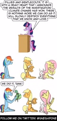 Size: 1000x2100 | Tagged: safe, artist:sneshpone, imported from derpibooru, angel bunny, applejack, fluttershy, rainbow dash, tank, twilight sparkle, alicorn, tanks for the memories, climate change, podium, this will end in extinction, twilight sparkle (alicorn)