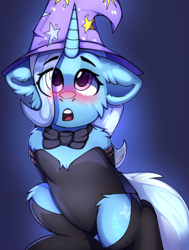 Size: 1700x2250 | Tagged: safe, artist:freak-side, imported from derpibooru, trixie, pony, unicorn, blushing, bondage, bowtie, chest fluff, clothes, eye clipping through hair, eyebrows, eyebrows visible through hair, female, hat, hooves behind back, horn, leotard, looking up, mare, open mouth, rope, rope bondage, socks, solo, solo female, stockings, thigh highs, trixie's hat
