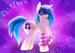 Size: 1754x1240 | Tagged: safe, artist:leeleek47896, imported from derpibooru, dj pon-3, vinyl scratch, pony, unicorn, abstract background, arm warmers, chonk, clothes, concave belly, eyebrows, eyebrows visible through hair, female, glasses, horn, mare, raised hoof, smiling, solo, sparkles, standing, sternocleidomastoid, text, vinyl's glasses