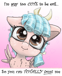 Size: 1250x1527 | Tagged: safe, artist:chopsticks, imported from derpibooru, cozy glow, pegasus, pony, blatant lies, bow, cheek fluff, chest fluff, cozybetes, cute, dialogue, ear fluff, eyebrows, eyebrows visible through hair, face of mercy, female, filly, floppy ears, foal, hair bow, looking at you, pure concentrated unfiltered evil of the utmost potency, pure unfiltered evil, smiling, smiling at you, solo, spread wings, staring into your soul, stray strand, talking to viewer, text, wings