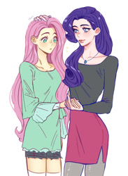 Size: 1100x1500 | Tagged: safe, artist:diannewithluv, imported from derpibooru, fluttershy, rarity, human, equestria girls, blouse, blushing, clothes, colored eyebrows, cute, duo, emanata, eyebrows, eyelashes, female, flarity, hand on head, holding hands, jewelry, lesbian, lidded eyes, looking at each other, looking at someone, necklace, raribetes, shipping, shorts, shyabetes, simple background, skirt, smiling, socks, stockings, thigh highs, white background
