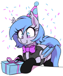 Size: 1000x1200 | Tagged: safe, artist:thebatfang, imported from derpibooru, oc, oc only, oc:lucky roll, bat pony, birthday, bowtie, clothes, confetti, cute, fangs, female, hat, mare, ocbetes, party hat, present, simple background, smiling, socks, solo, table, transparent background, vest
