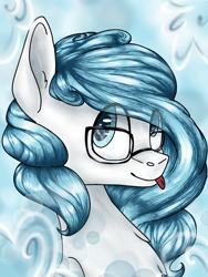 Size: 1536x2048 | Tagged: safe, artist:strawberry-heartrose, imported from derpibooru, oc, oc:three circles, pony, bust, female, glasses, mare, portrait, solo, tongue out