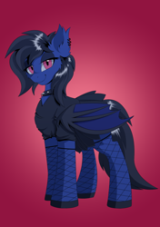 Size: 1200x1700 | Tagged: safe, artist:hovawant, imported from derpibooru, oc, oc:zero shadow, bat pony, bat pony oc, bat wings, black eyeshadow, black mane, black tail, clothes, collar, ear fluff, ear piercing, earring, eyeshadow, female, fishnet clothing, fishnets, jewelry, looking at you, makeup, piercing, red background, red eyes, simple background, skirt, socks, solo, spiked collar, stockings, tail, thigh highs, wings