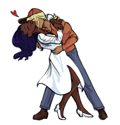 Size: 710x739 | Tagged: safe, artist:frogsnfishes, imported from derpibooru, applejack, rarity, human, alternate hairstyle, baseball cap, blushing, boots, cap, clothes, cute, dark skin, denim, dress, duo, duo female, eyes closed, eyeshadow, female, freckles, hat, heart, high heels, hug, humanized, jackabetes, jeans, kissing, lesbian, makeup, neck kiss, pants, raribetes, rarijack, shipping, shirt, shoes, simple background, white background