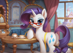 Size: 1280x920 | Tagged: safe, imported from derpibooru, rarity, pony, unicorn, ai content, ai generated, butt, carousel boutique, coffee, coffee cup, cup, generator:pony diffusion v6 xl, generator:stable diffusion, glasses, hooves, horn, looking at you, measuring tape, plot, prompter:foxpony, rarity's glasses, solo, table, window