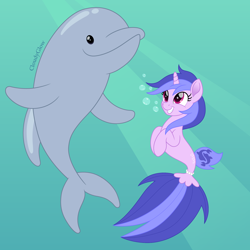 Size: 1600x1600 | Tagged: safe, artist:cloudy glow, imported from derpibooru, sea swirl, seafoam, dolphin, seapony (g4), unicorn, bubble, dorsal fin, female, fin, fish tail, flowing mane, flowing tail, grin, happy, horn, jewelry, looking at each other, looking at someone, mare, necklace, ocean, pearl necklace, scales, seaponified, smiling, smiling at each other, solo, species swap, swimming, tail, teeth, underwater, water