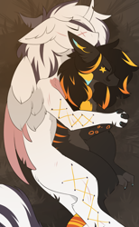 Size: 1367x2216 | Tagged: safe, artist:beardie, imported from derpibooru, oc, oc only, oc:season's greetings, oc:yiazmat, chest fluff, couple, cuddling, ear fluff, feathered wings, female, holding hands, horn, horns, male, oc x oc, paws, scar, shipping, sleeping, smiling, spooning, string, tail, wings