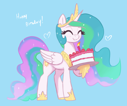 Size: 3000x2500 | Tagged: safe, artist:t72b, imported from derpibooru, princess celestia, alicorn, pony, birthday, cake, candle, clothes, crown, eyes closed, food, hoof hold, jewelry, looking at you, regalia, shoes, simple background, smiling, smiling at you, solo