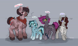 Size: 4222x2538 | Tagged: safe, artist:reddthebat, imported from derpibooru, oc, oc only, oc:alaska (reddthebat), oc:number nine, oc:selena (reddthebat), oc:violina (reddthebat), bat pony, earth pony, ghost, ghost pony, pegasus, pony, undead, unicorn, bandana, bat pony oc, bat wings, chest fluff, cigarette, eyebrows, eyebrows visible through hair, fangs, female, freckles, gray background, hair over one eye, height difference, high res, horn, knife, looking at you, looking up, mare, open mouth, open smile, simple background, smiling, smiling at you, smoking, tongue out, unshorn fetlocks, wings