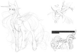 Size: 3000x2060 | Tagged: safe, artist:squeezymouse, derpibooru exclusive, imported from derpibooru, discord, alicorn, draconequus, pony, blank flank, chest fluff, curved horn, ear fluff, ear piercing, feathered fetlocks, full body, guilty gear, horn, horn piercing, long mane, monochrome, piercing, ponified, raven (guilty gear), reference, screencap reference, sketch, sketch dump, straight horn, tail, tail feathers, tongue out, tongue piercing