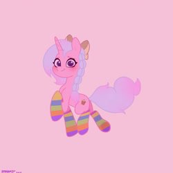 Size: 2480x2480 | Tagged: safe, artist:starburstuwu, imported from derpibooru, oc, oc only, pony, unicorn, blushing, bow, clothes, female, hair bow, high res, horn, looking at you, mare, pink background, rainbow socks, simple background, smiling, smiling at you, socks, solo, striped socks