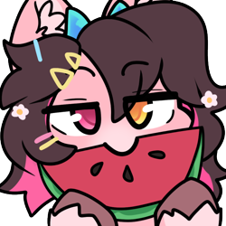 Size: 600x600 | Tagged: safe, artist:cuiicie, imported from derpibooru, oc, oc only, oc:key mash, bat pony, eating, emote, female, food, simple background, solo, transparent background, watermelon