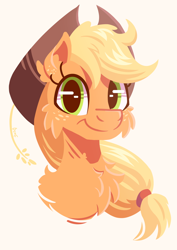 Size: 1050x1485 | Tagged: safe, artist:candy meow, imported from derpibooru, applejack, earth pony, pony, applejack's hat, bust, cheek fluff, chest fluff, cowboy hat, ear fluff, female, food, hat, lineless, looking at you, mare, simple background, smiling, solo, wheat