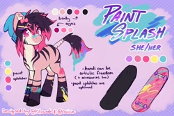 Size: 3000x2000 | Tagged: safe, artist:cuiicie, imported from derpibooru, oc, oc only, oc:paint splash, zebra, bandaid, bandaid on nose, beanie, countershading, female, hairclip, hat, kandi, paint, reference sheet, skateboard