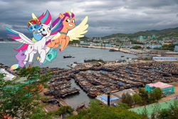 Size: 2048x1366 | Tagged: safe, edit, edited screencap, imported from derpibooru, screencap, sunny starscout, zipp storm, pony, chongjin, duo, flying, g5, irl, north korea, photo, ponies in real life