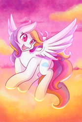Size: 1365x2048 | Tagged: safe, artist:mscolorsplash, imported from derpibooru, oc, oc only, pegasus, pony, cloud, female, flying, mare, open mouth, open smile, smiling, solo, spread wings, sunset, wings