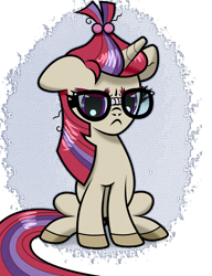 Size: 2000x2600 | Tagged: safe, artist:scandianon, imported from derpibooru, moondancer, pony, unicorn, annoyed, female, floppy ears, frown, furrowed brow, glasses, horn, mare, missing accessory, moondancer is not amused, sitting, unamused