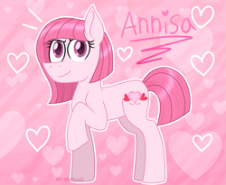 Size: 2593x2128 | Tagged: safe, artist:tanahgrogot, imported from derpibooru, oc, oc:annisa trihapsari, earth pony, pony, earth pony oc, female, heart, heart background, looking at you, mare, name, pink background, simple background, smiling, smiling at you, solo, watermark
