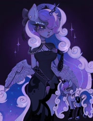 Size: 1580x2048 | Tagged: safe, artist:plushvamp, imported from derpibooru, princess luna, alicorn, anthro, unicorn, abstract background, alternate hairstyle, bow, breasts, capelet, cleavage, clothes, dress, ear piercing, female, hair bow, hair over one eye, horn, horn jewelry, jewelry, leg warmers, looking at you, looking back, looking back at you, mare, necklace, nose piercing, piercing, race swap, regalia, self paradox, self ponidox, solo, unicorn luna, wing jewelry, wings