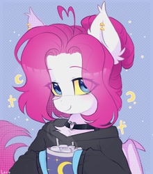 Size: 1170x1331 | Tagged: safe, artist:lerkfruitbat, imported from derpibooru, oc, oc only, bat pony, pony, abstract background, chest fluff, choker, clothes, drink, ear fluff, ear piercing, ear tufts, earring, eye clipping through hair, eyebrows, eyebrows visible through hair, female, hoodie, jewelry, mare, piercing, solo